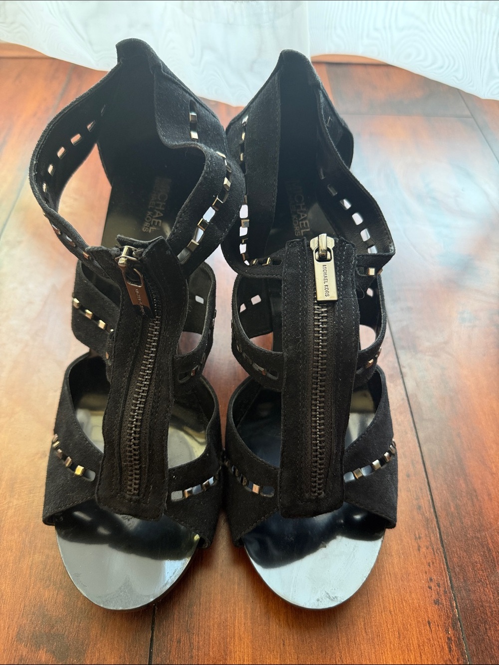 Michael Kors Black Suede Zip-Front Strappy Heels with Metallic Accents